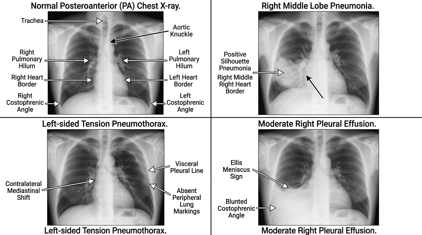 Four-panel clinical chest radiograph diagnostic comparison