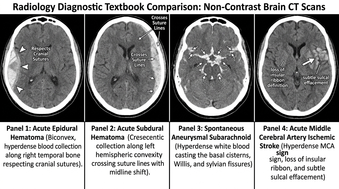 Four-panel non-contrast head CT emergency neuroimaging comparison